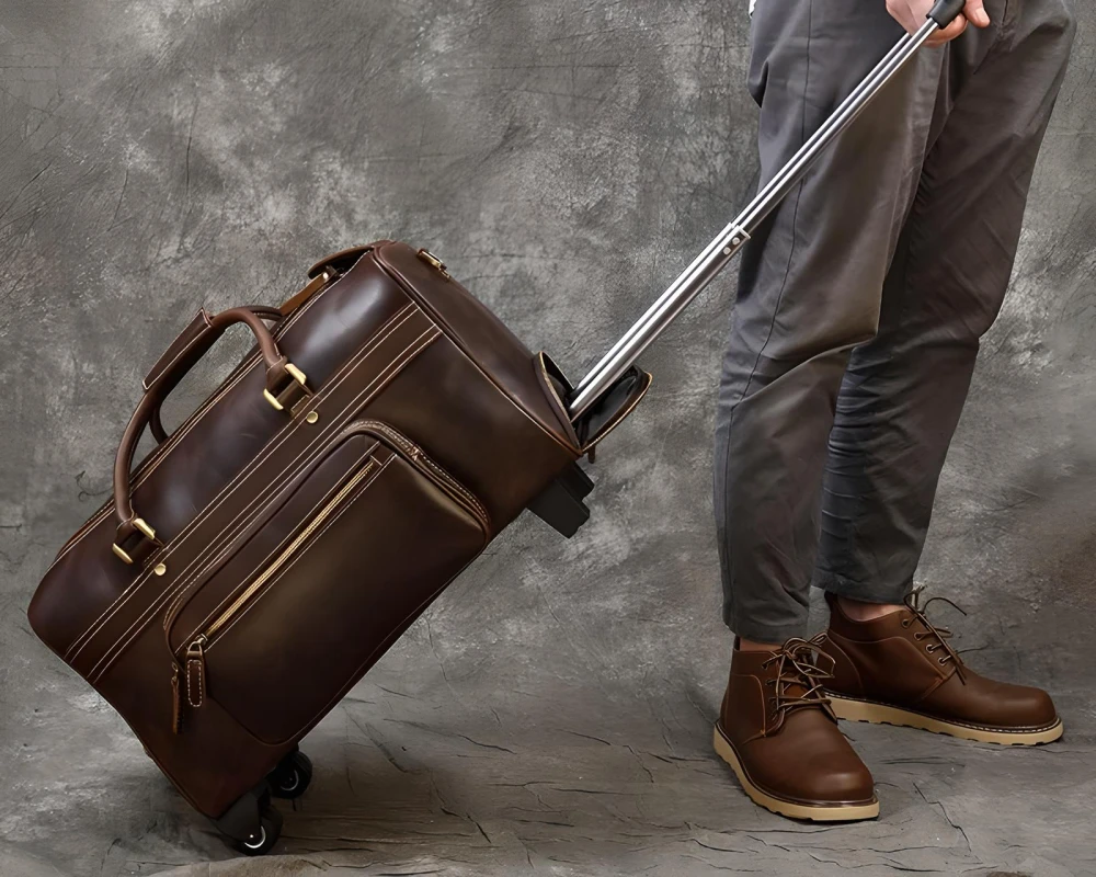 leather carry on duffel bag with wheels